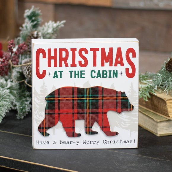 Christmas At the Cabin Plaid Bear Box Sign