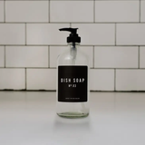 Glass Dish Soap Dispenser with Black Label.