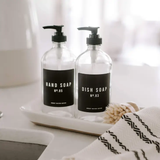 Glass Dish Soap Dispenser with Black Label.