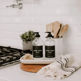 Glass Dish Soap Dispenser with Black Label.