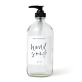 Glass Hand Soap Dispenser with White Label.