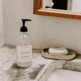 Glass Hand Soap Dispenser with White Label.