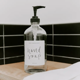 Glass Hand Soap Dispenser with White Label.