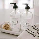 Glass Hand Soap Dispenser with White Label.