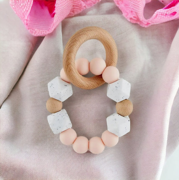 Silicone & Wood Teether Blush/Speckled White