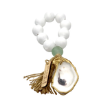 Tide Pool White Beads with Sea Glass and Gilded Oyster Tassel.