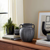 Ceramic Ribbed Texture Weathered Handle Vase