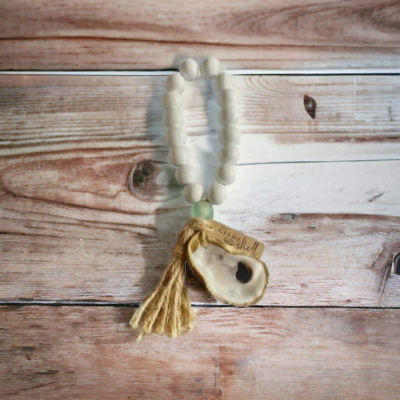 Sea Glass and White Wood Bead Decor with Gold Gilded Oyster Shell