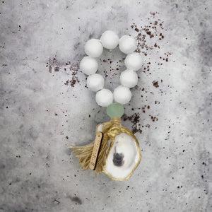 Tide Pool White Beads with Sea Glass and Gilded Oyster Tassel